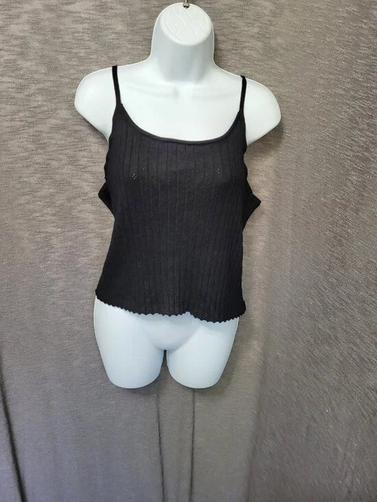 VTG Y2K Tank Top Black Eyelet Womens Jrs XL Cropped Fairy Grunge Gothic Stretch - Picture 11 of 15